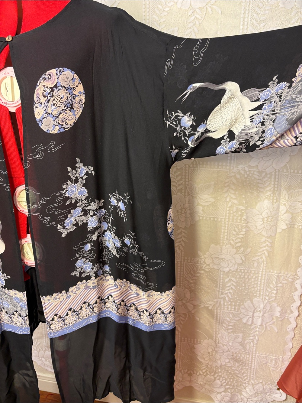 Citron 100% Silk Black Crane Floral Kimono Jacket Duster *has a few Small Snags - Picture 5 of 16